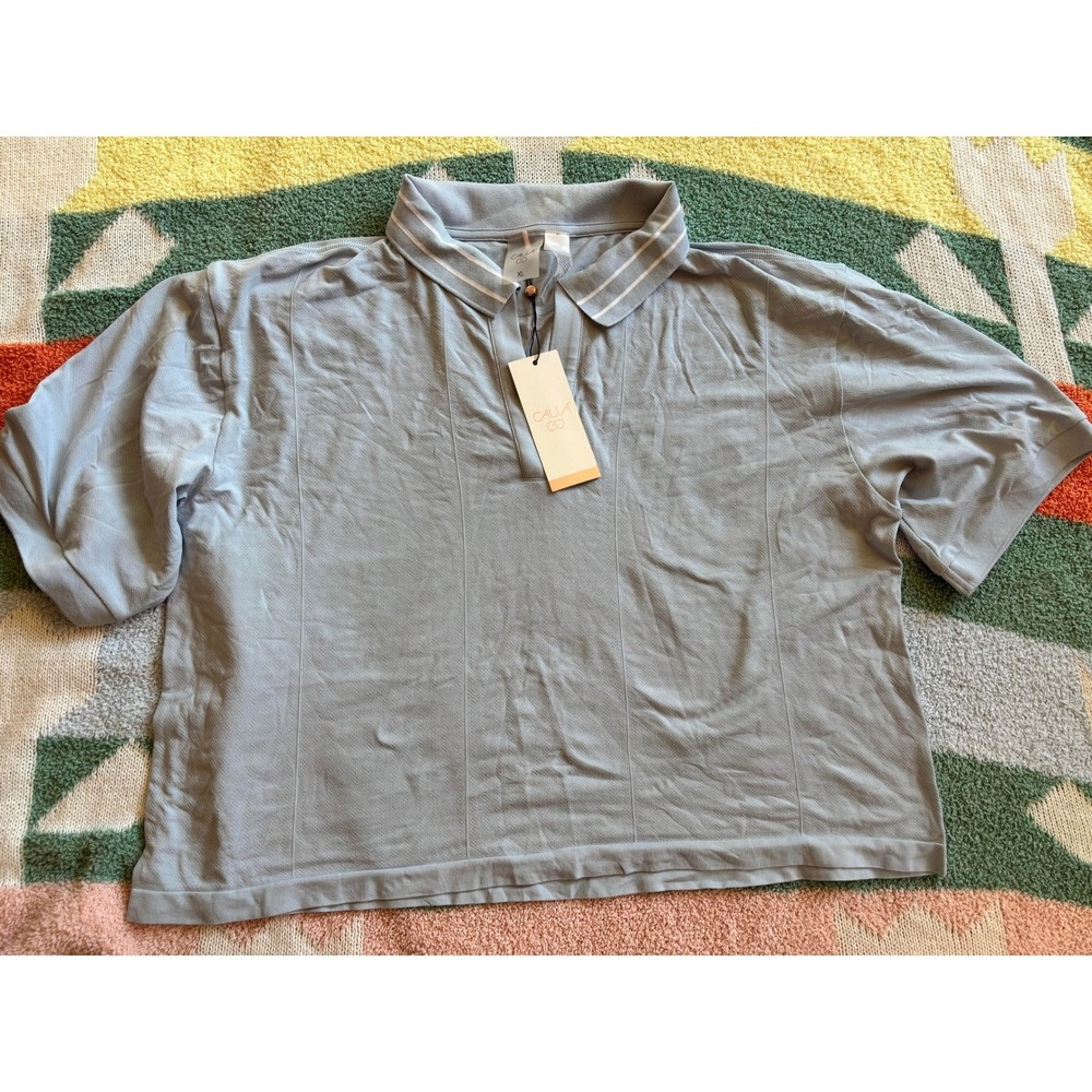 CALIA Womens Seamless Tipped Polo Shirt Pale Blue Size XL